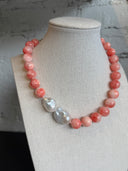 Pink & White Agate with Baroque Pearls Necklace