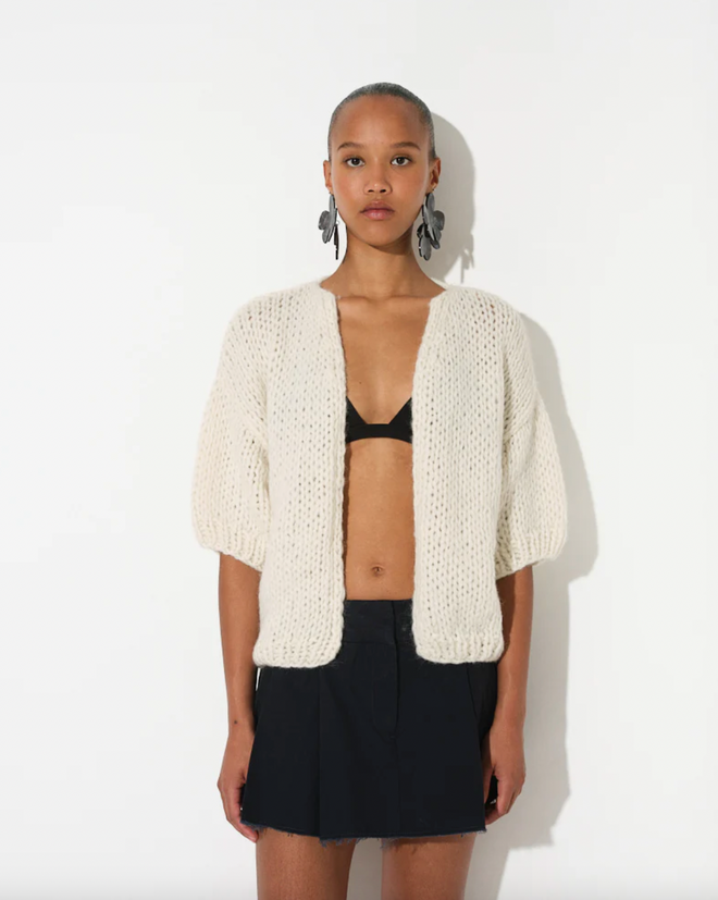 Alpaca Bomber Cardigan Creme, Short Sleeves
