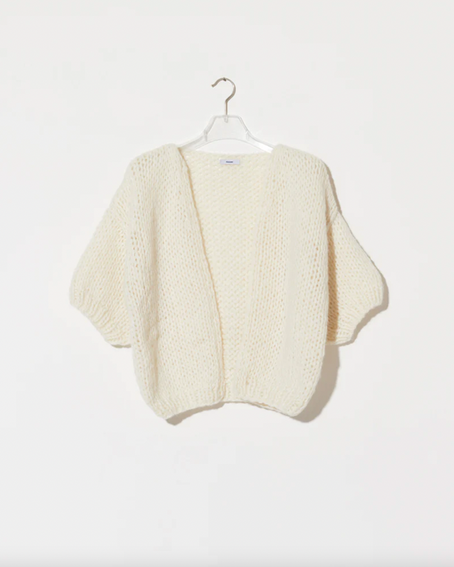 Alpaca Bomber Cardigan Creme, Short Sleeves