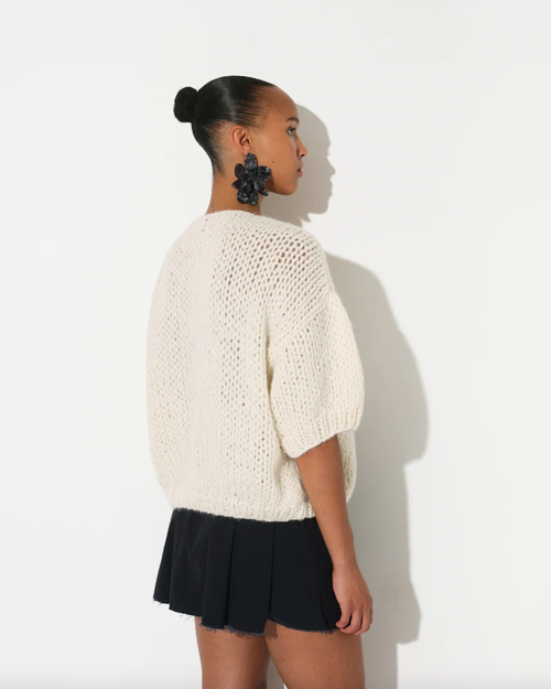 Alpaca Bomber Cardigan Creme, Short Sleeves