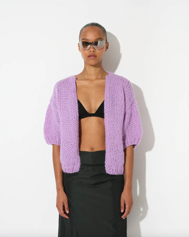 Alpaca Bomber Cardigan Lilac, Short Sleeves