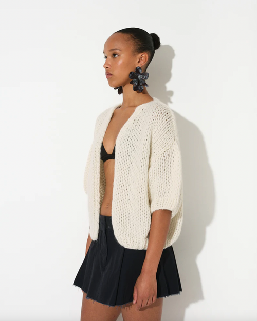 Alpaca Bomber Cardigan Creme, Short Sleeves
