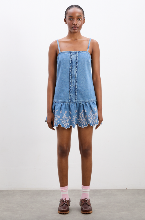 Lana Mini Dress - Embroidered Denim