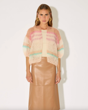Mohair Short Sleeve Bomber Cardigan, Light Pastel Stripes