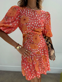 Coral Poppy Puff Sleeve Mini Dress