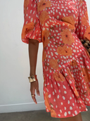 Coral Poppy Puff Sleeve Mini Dress