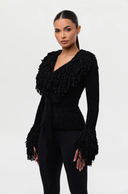 Knit Fringe V-Neck Cardigan Black