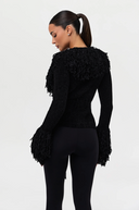 Knit Fringe V-Neck Cardigan Black