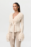Knit Fringe V-Neck Cardigan Bone