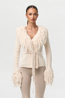 Knit Fringe V-Neck Cardigan Bone